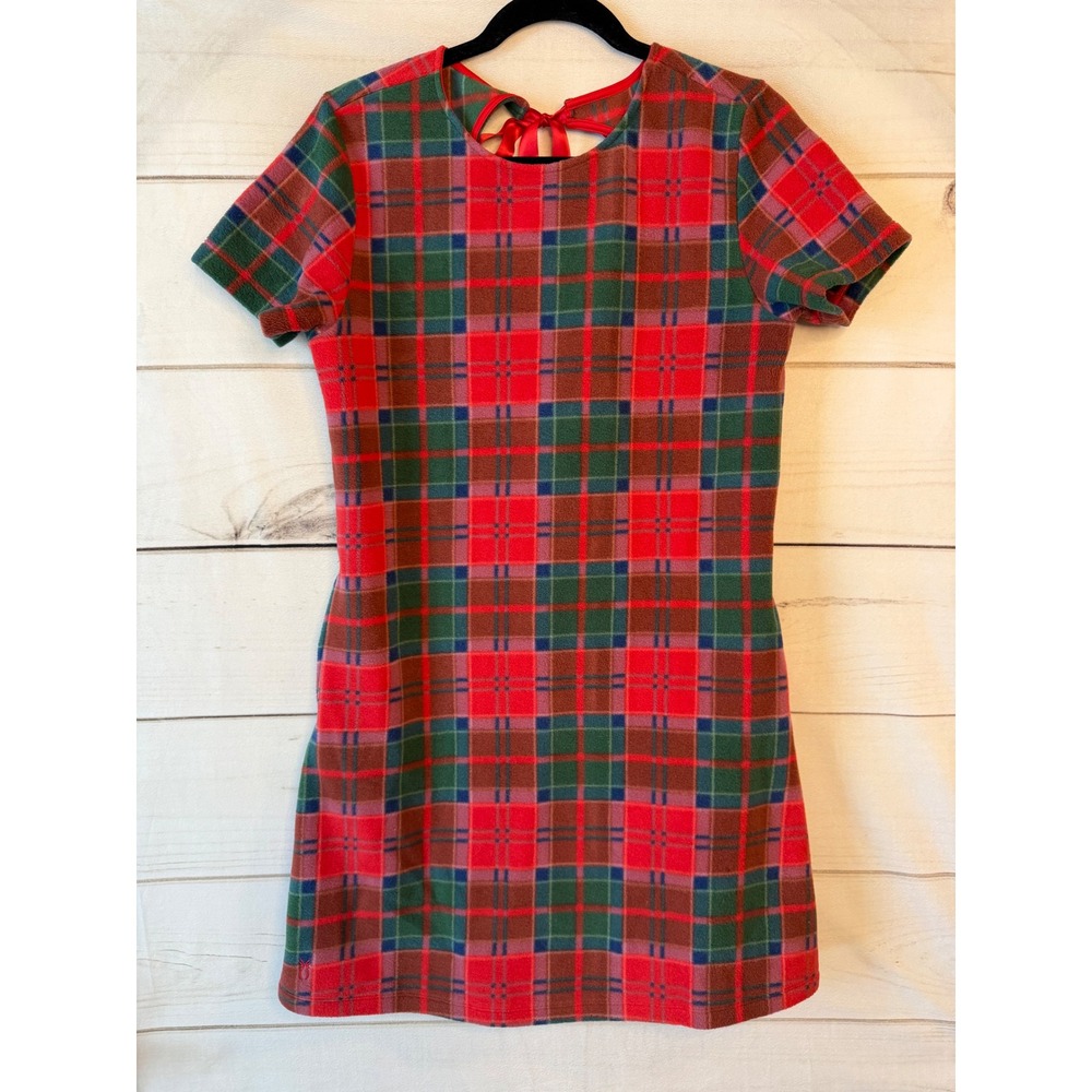 Dudley Stephens Red Green Plaid Fleece Dress Bow Back Short Sleeve Small